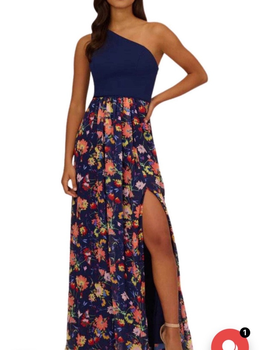 Adrianna Papell Navy One-Shoulder Floral Maxi Dress with Side Slit